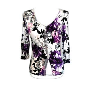 WHITE HOUSE BLACK MARKET 3/4 Sleeve Sparkle Detail Floral Cardigan Size S